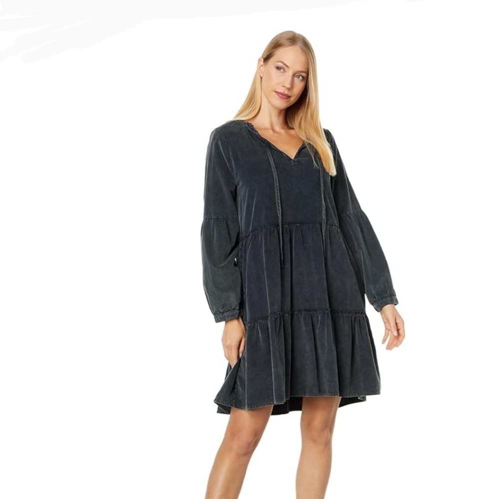 Sundance Dylan Boho Sage Green, Long Sleeved, Tiered Skirt Corduroy Mini Dress